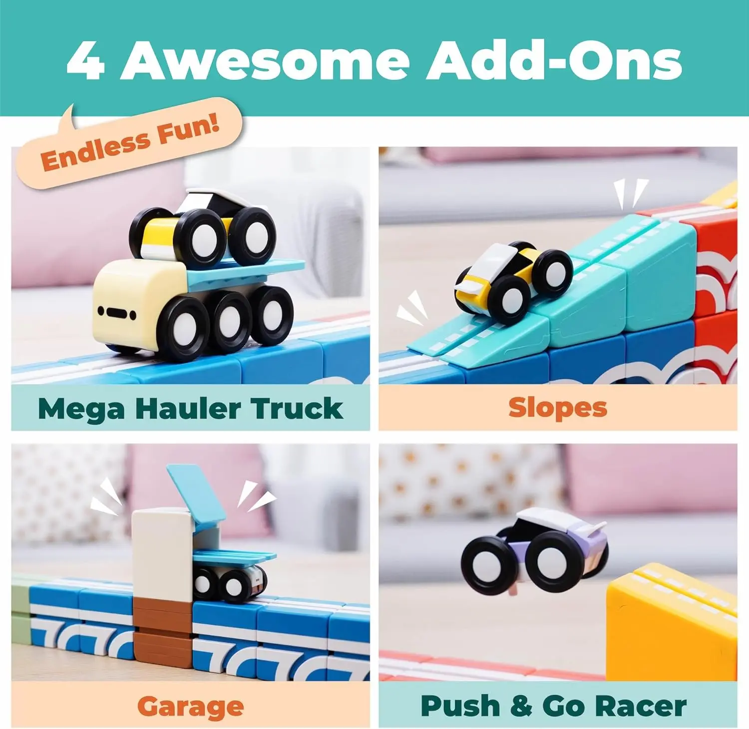 Juego de iniciación de pistas de bloques magnéticos | Bloques de construcción STEM 4 en 1 con 4 coches y pistas 3D | Juguetes magnéticos sensoriales educativos | Presc