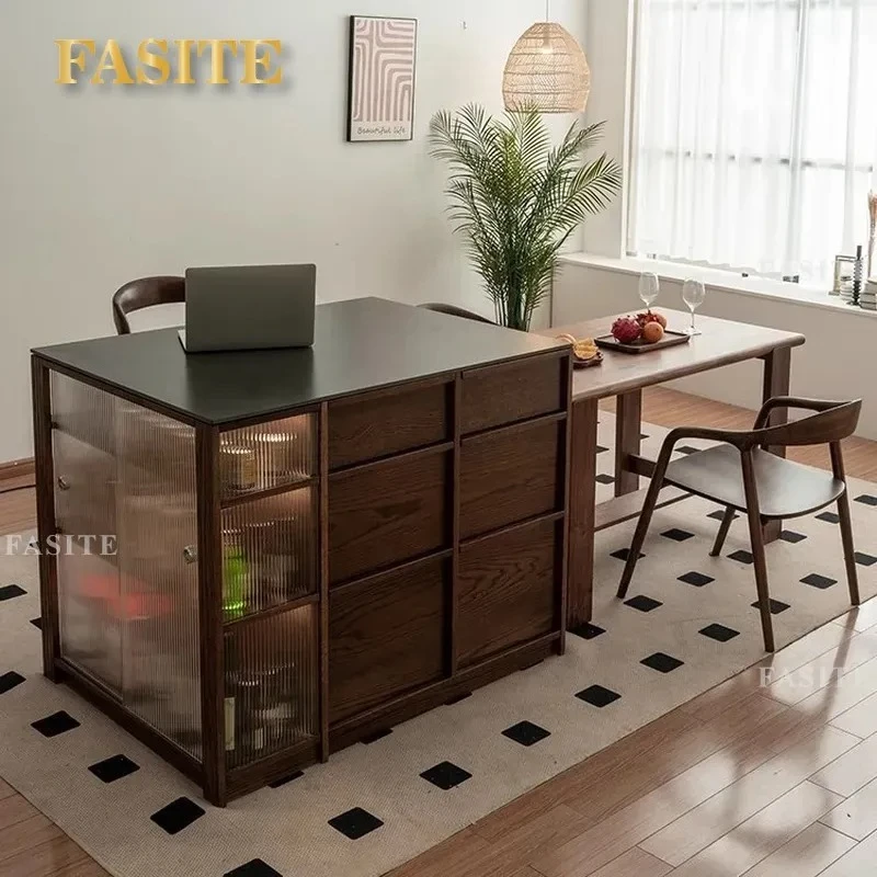 Black Walnut Solid Wood Dining Table with Integrated Cherry Wood Sideboard Cabinet Modern Minimalist Kitchen Storage