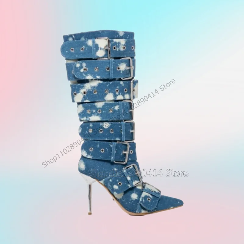 Blue Denim Graffiti Design Buckle Decor Pointed Toe Boots Slip On Women Shoes Thin High Heels Fashion 2023 Zapatos Para Mujere