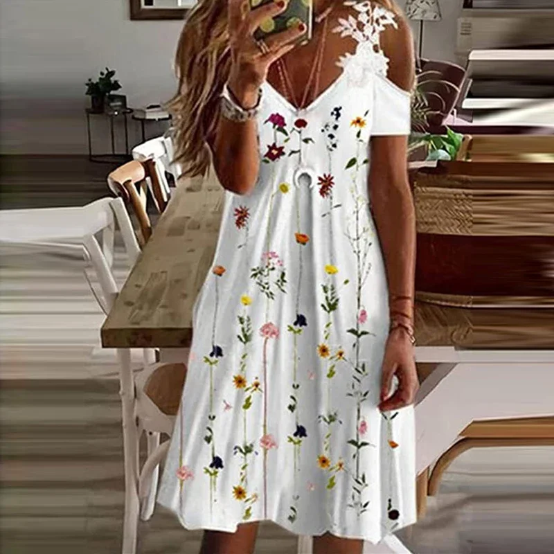NONE Modisches Spitzen-Hosenträgerkleid mit V-Ausschnitt für Damen, Sommer, lässig, weiße Spitze, kurzer Rock 6