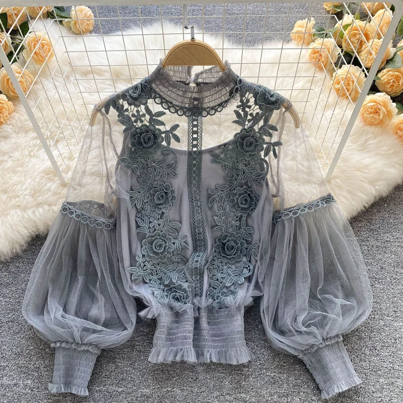 

Summer Elegant Lace Blouses Korean Style Women's Clothing Casual Long Sleeve Tops Blusas Feminina Elegante Estilosa