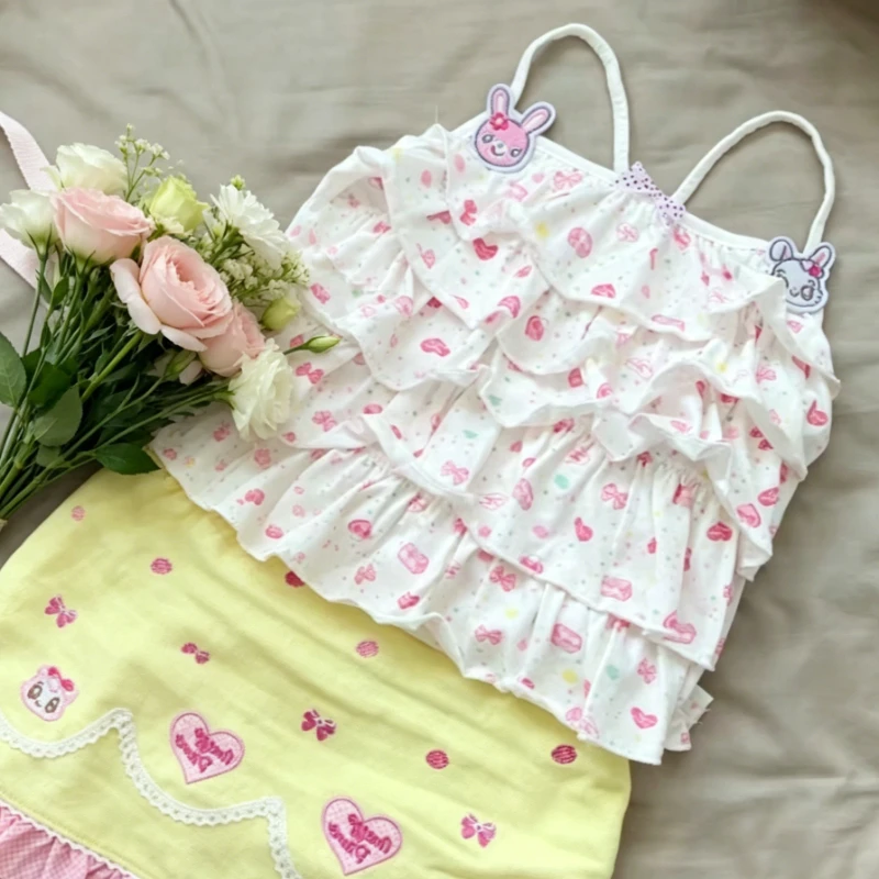 Women Kawaii Cute Print Short Sleeve T Shirt Sling Camisole Two Piece Set Y2k Vintage Casual Daily Holiday Crop Outfit Tops