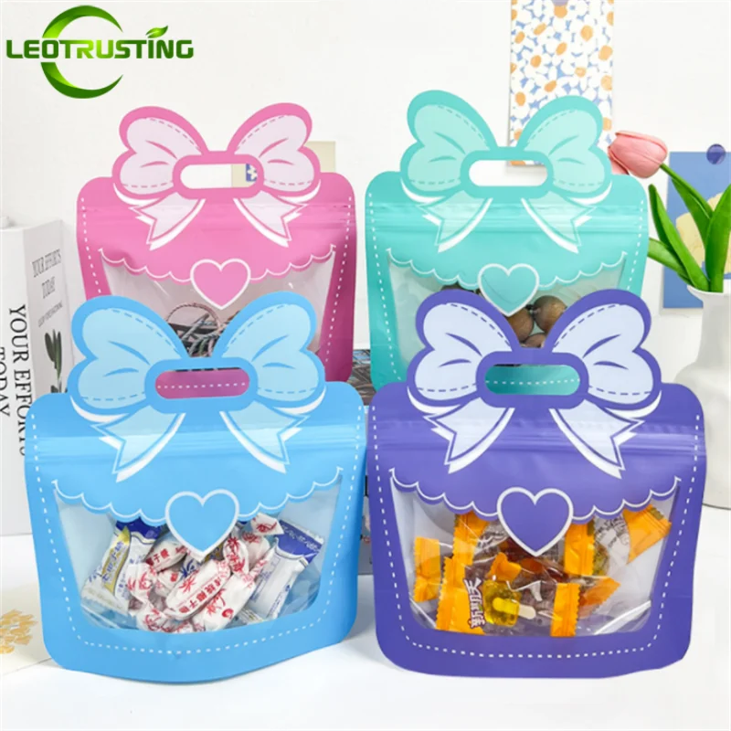 10/100PCS Stand-up Bow Ziplock Packaging Bag DIY Portable Window Wedding Birthday Snack Sugar Candy Kids Gift Storage Pouches
