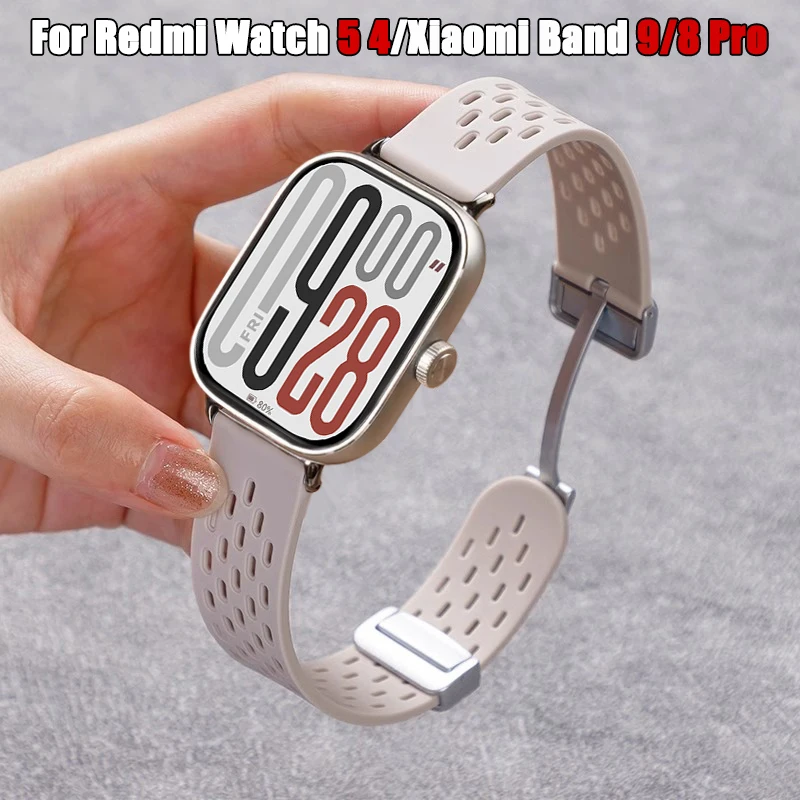 حزام رياضي مغناطيسي قابل للتنفس لساعة Redmi 5 4 سوار معصم من السيليكون الناعم لساعة Xiaomi Mi Band 9 Pro/8 Pro