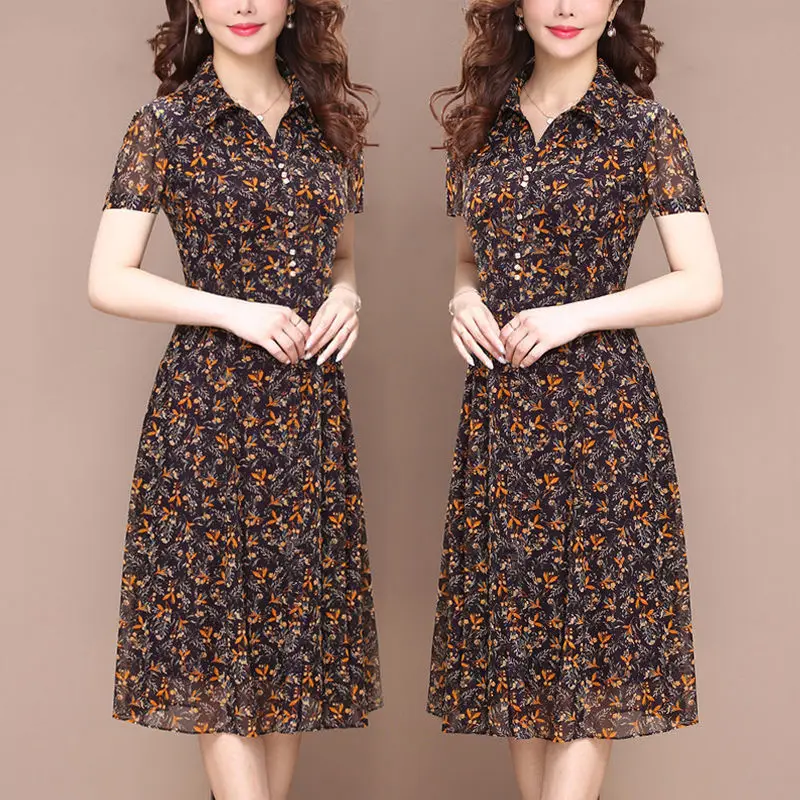 Vestido estampado floral de manga comprida feminino, elegante gola virada para baixo, roupa feminina de verão, fino, combina com tudo, vestido casual de botão