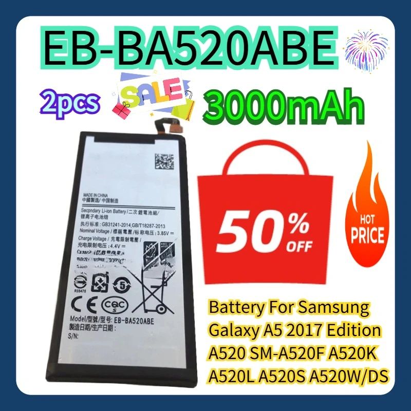 

2pcs EB-BA520ABE 3000mAh Battery For Samsung Galaxy A5 2017 Edition A520 SM-A520F A520K A520L A520S A520W/DS
