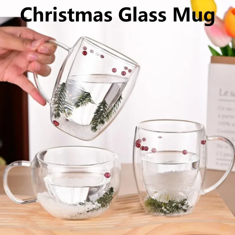 200/350ML Double Wall Glass Cup Creative Christmas Gift Theme Snow Scene Coffee Mug Heat Resistant for Hot Cold Beverages Cup