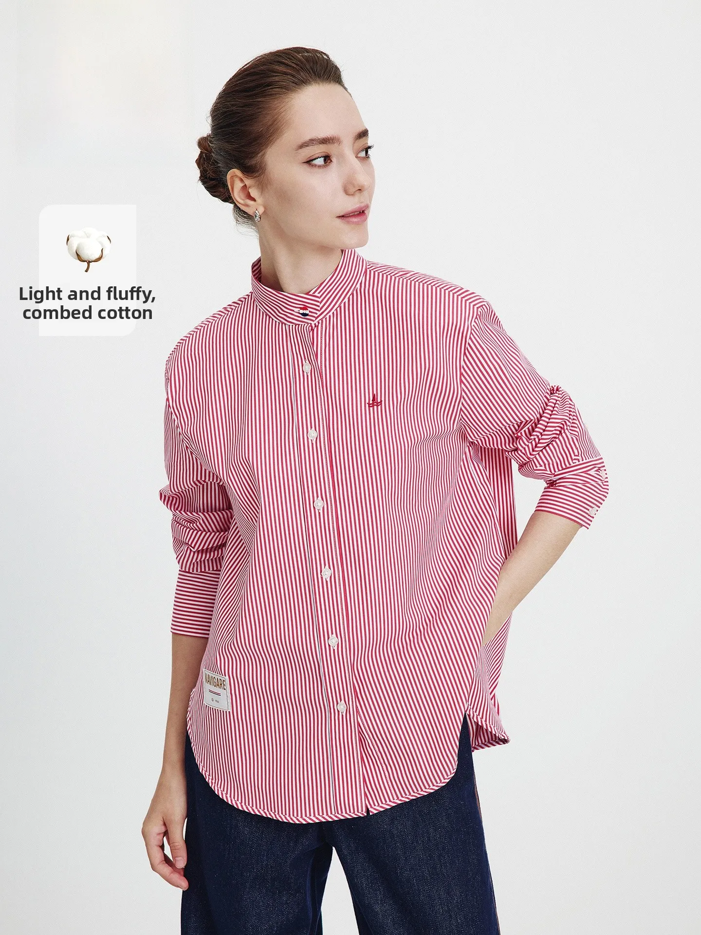 

Navigare Women's Striped Shirt Long Sleeve Stand Collar Spring New Style Cotton Blend Comfortable Fit Business Casual Top