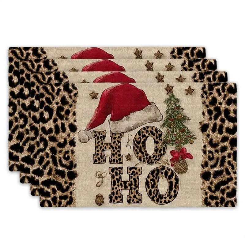 Leopard Print Santa Hat Placemats, Christmas Tree HO HO HO Printed Linen Table Mats, Xmas Season Table Decor
