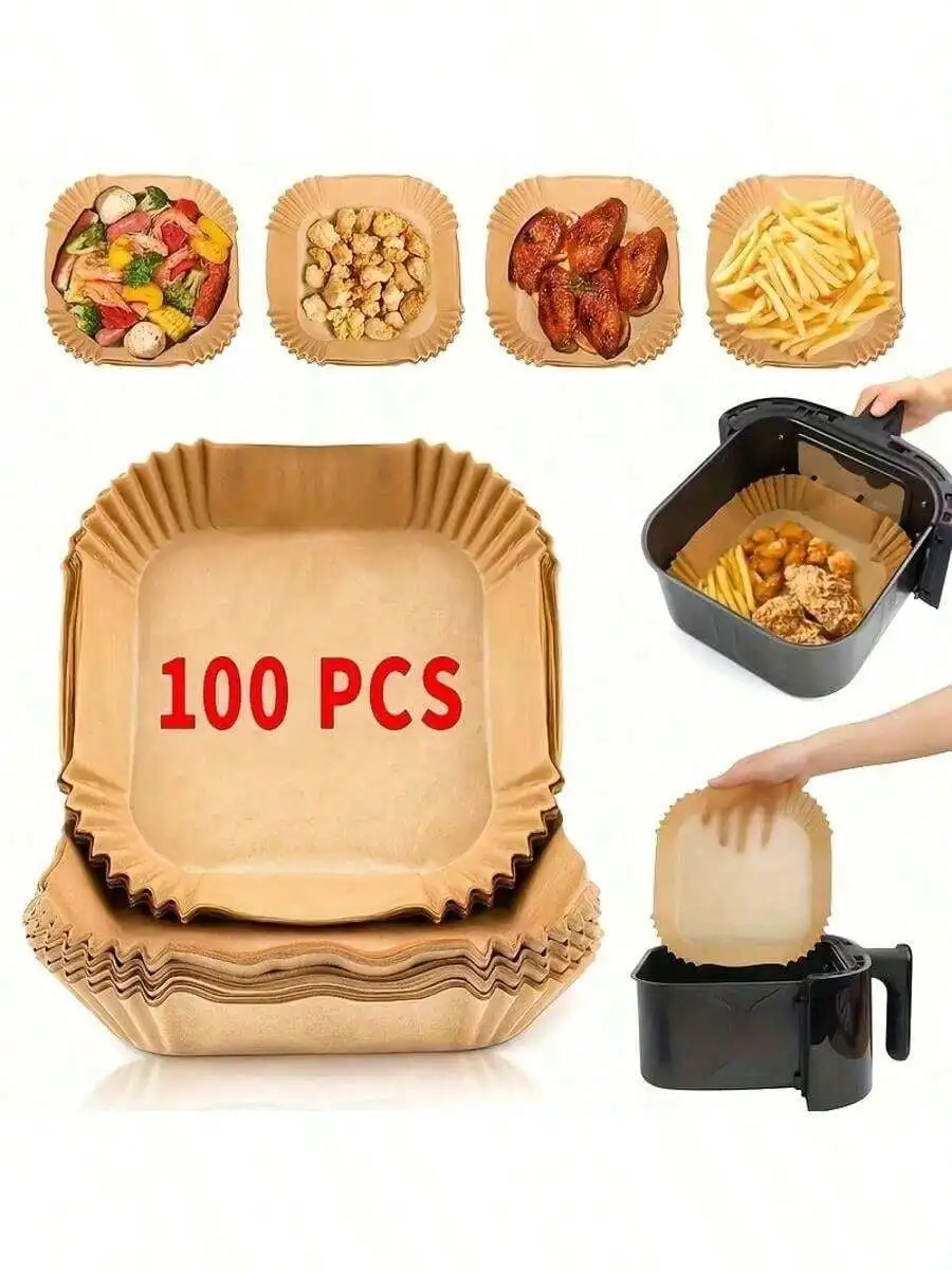 100 piezas de revestimientos antiadherentes para freidoras de aire, de una sola capa premium con diseño de borde acanalado para cocinar, fácil limpieza y preparación saludable.