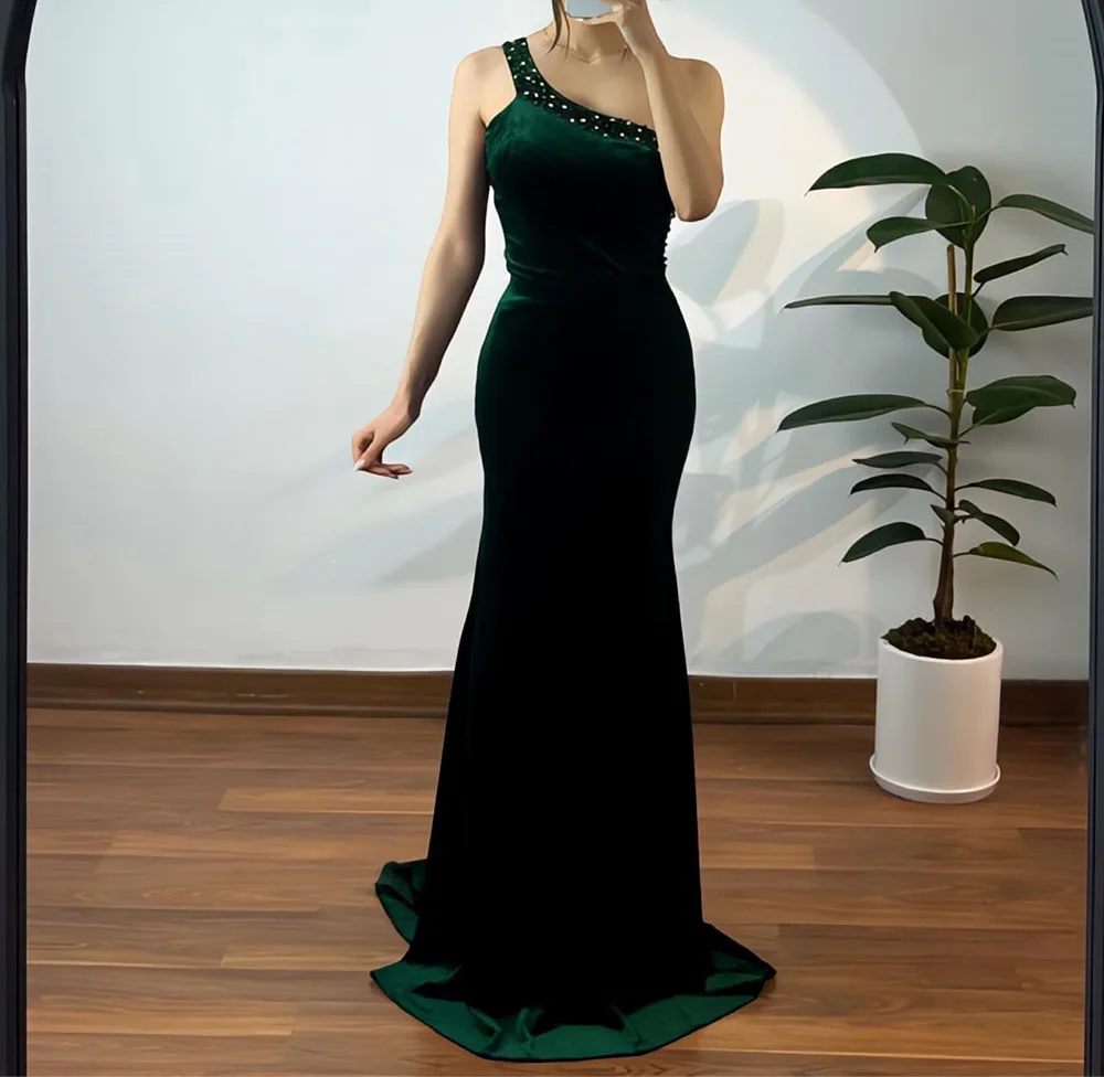 

One Shoulder Sleeveless Velour Pleats Floor Length Sweep Train Solid Color Saudi Arabia Evening Gowns Special Occasion Gowns