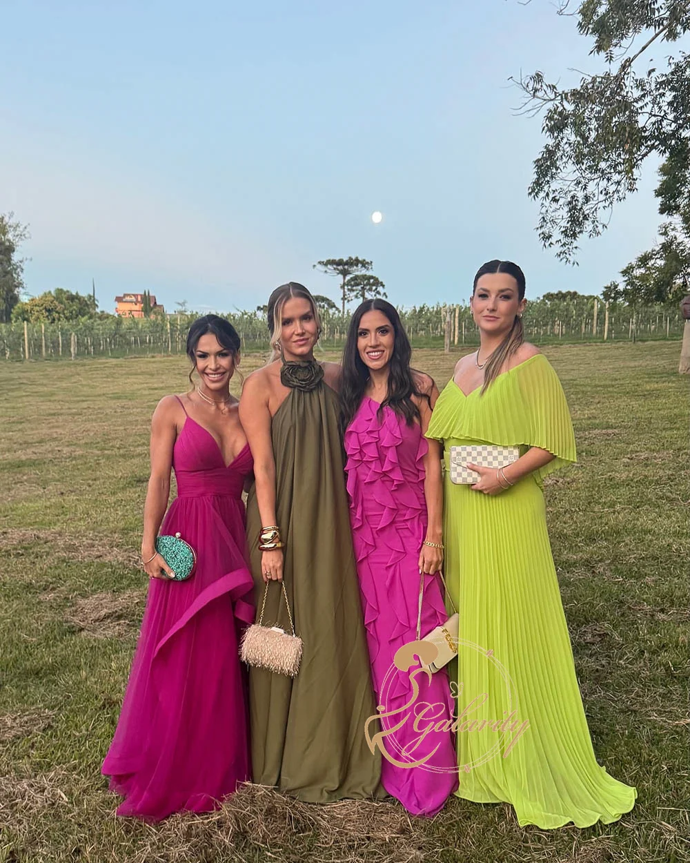 Galarity Fuchsia Prom Dresses V Neck Spaghetti Strap Guest Formal Gowns Tulle Ruched A Line Bridesmaid Party Dress Customizd