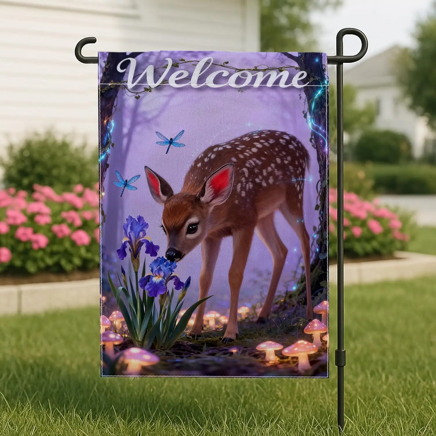 Deer Garden Flag, Spring Fanciful Iris Dragonfly Spring Violet Double Sided Burlap Small Garden Yard Flag for Outdoor Lawn F ZZM