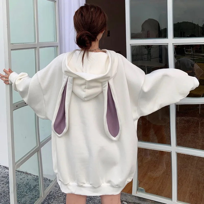 2024 New Autumn Kawaii Bunny Ear Long Sleeve Hooded Sweatshirt Women Sweet Lovely Rabbit Ear Hooded Tops Korean Style Fashion