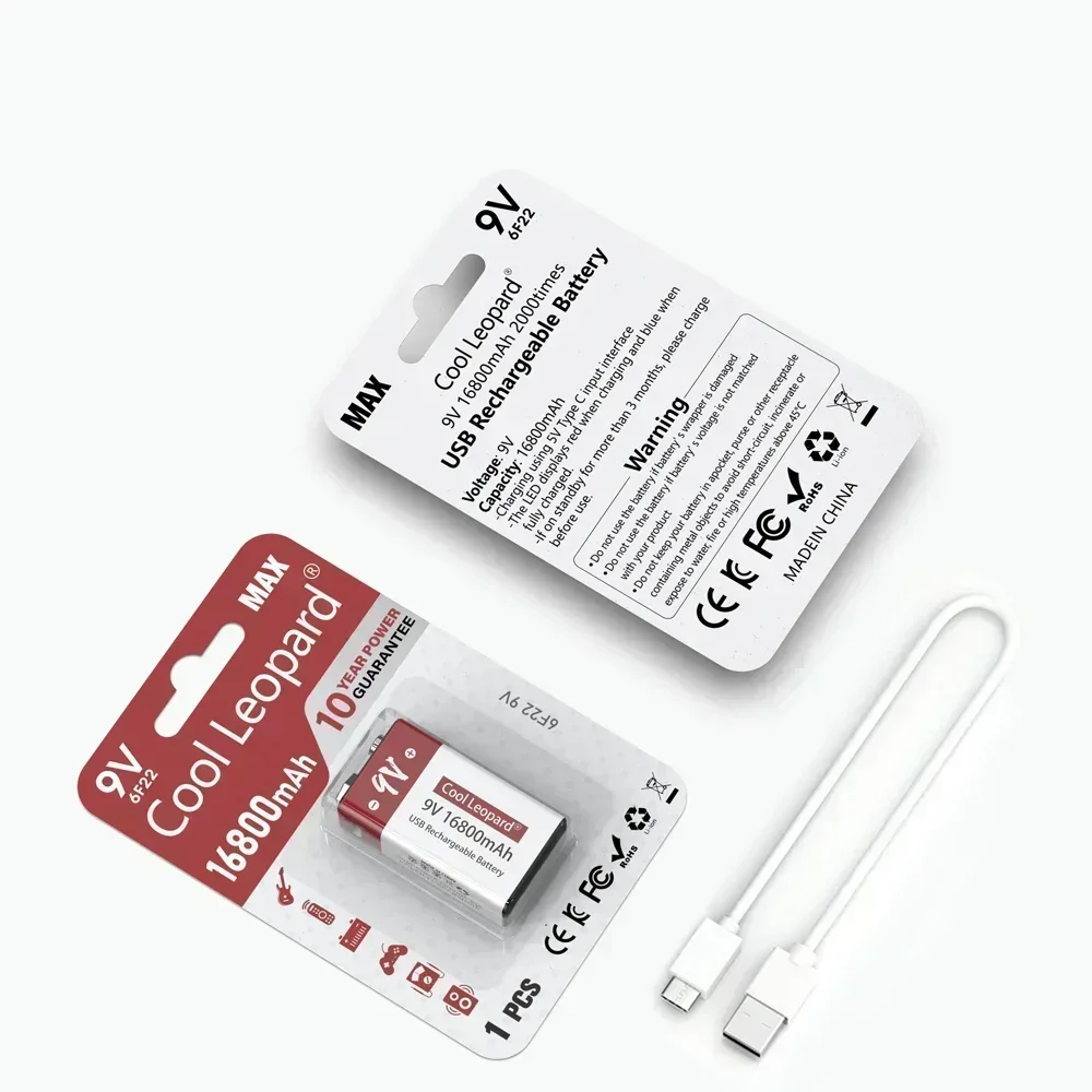 New 9V 16800mah Lithium Ion Rechargeable Battery Type-C USB Multimeter Lithium Microphone Metal Detector Toy Remote KTV+ Cable