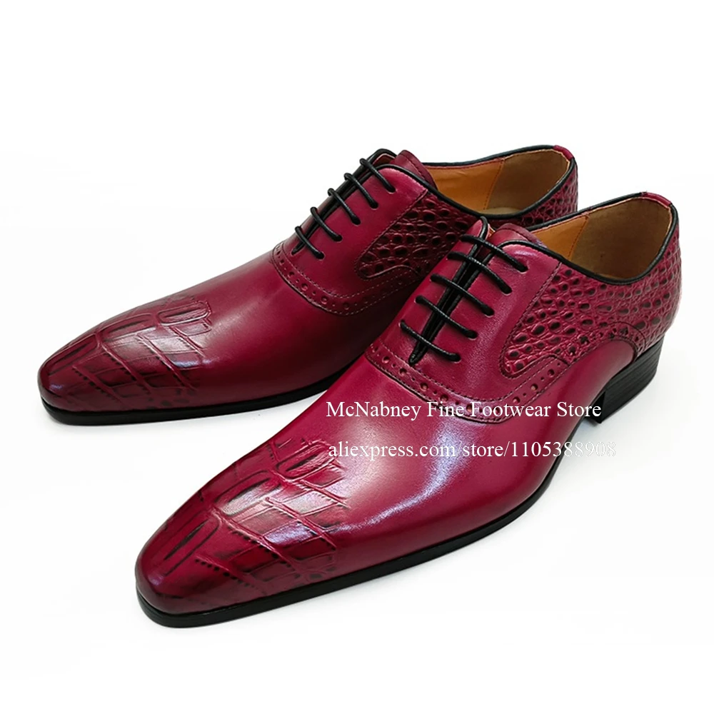 

Black Leather Cap Toe Brogues Oxfords Crocodile Embossing Lace up Men Dress Shoes for Formal Business Wedding Plus Size