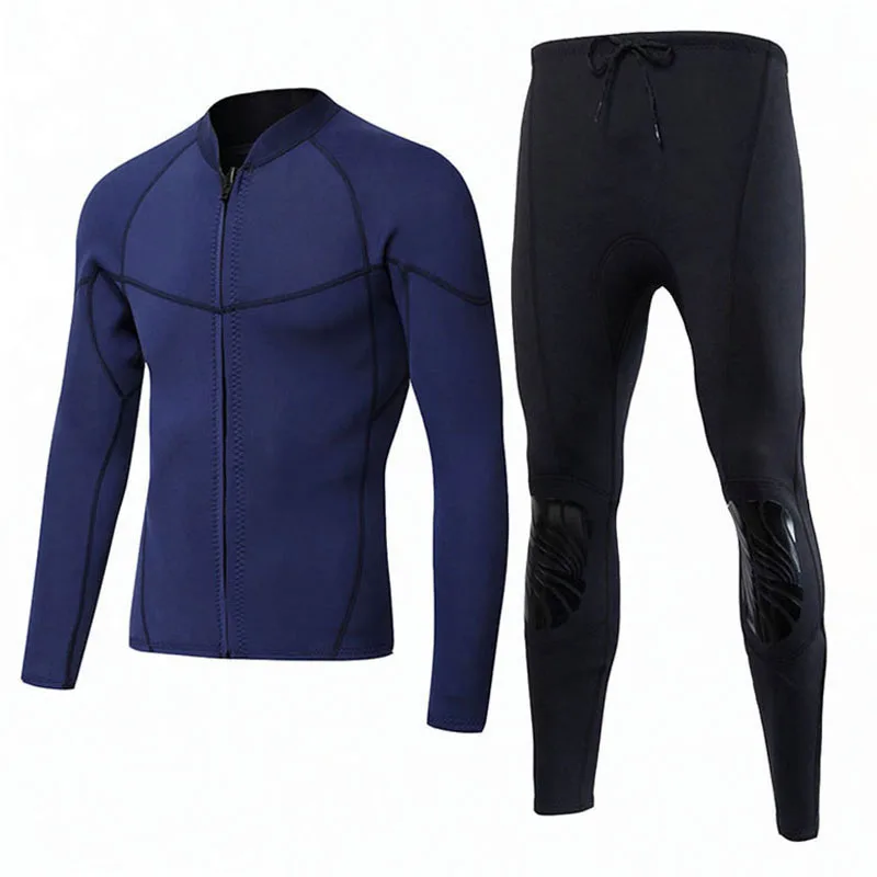 2mm Men's Neoprene Swimwear Wetsuit Blue Jacket Long Pants Keep Warm Spearfishing Snorkeling Scuba Dive Clothing