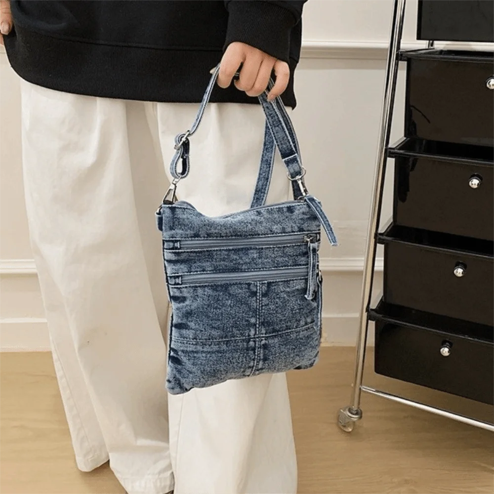 Multi-Pocket Denim Shoulder Bag 3 Layers Large Capacity Canvas Crossbody Bag Adjustable Strap Two Sided Messenger Bag Shopping