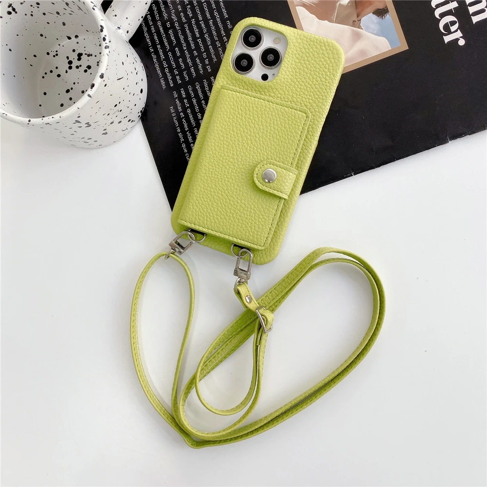 

Wallet Shoulder Strap Phone Case for iPhone 17 Pro Max 14 12 13 15 16 Pro Max Plus Lady Leather Card Pocket Lanyard Cover