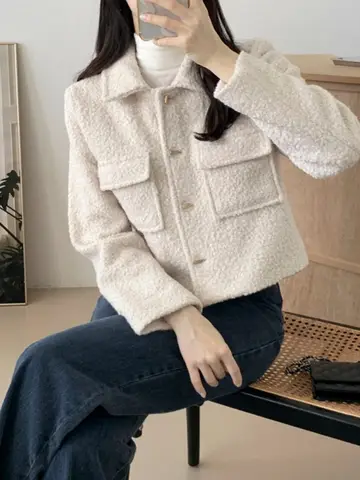 샤넬 스타일 재킷 통근 한국 스타일 샤넬 스타일 루즈 핏 두꺼운 짧은 슬림 핏 두꺼운 둥근 양모 재킷 겨울 코트 재킷