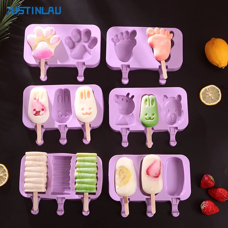 JUSTINLAU Ice Cream Silicone Mold Popsicle Siamese Molds with Lid DIY Homemade Ice Lolly Cartoon Image Handmade Kitchen Tools