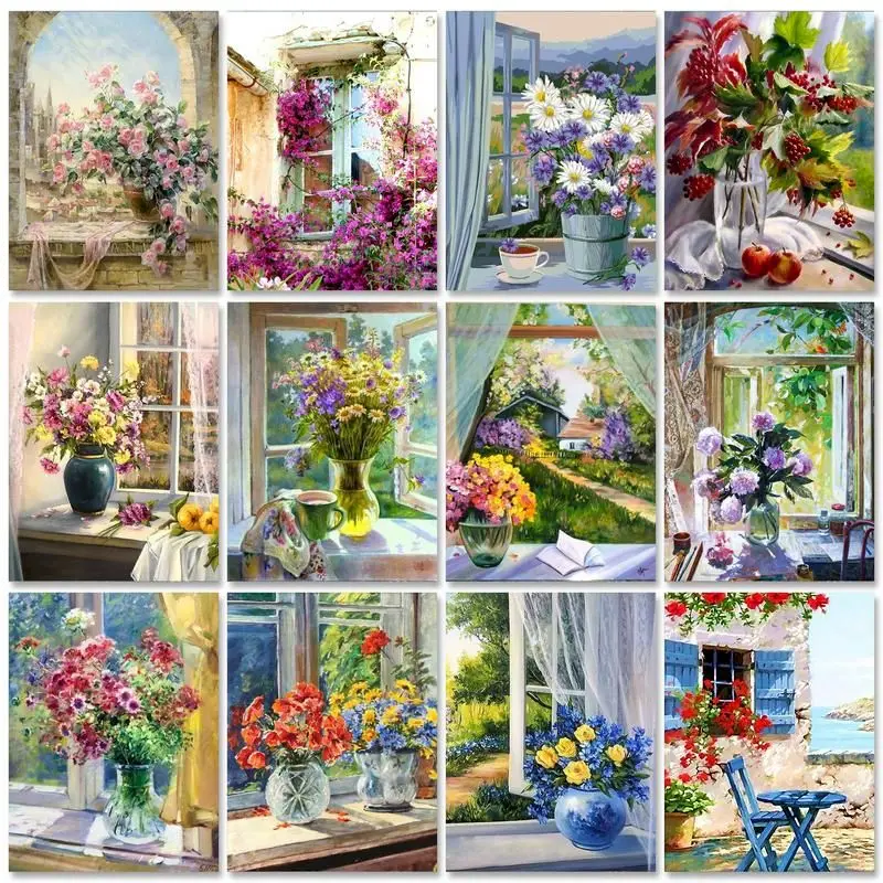 GATYZTORY Frame Painting By Numbers For Adults Coloring On Numbers Window Flower Gift Picture Drawing Paint Kit Diy Crafts