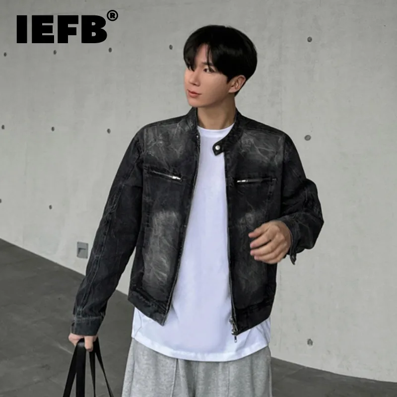 

IEFB Korean Style Men's Jackets Denim Zippers Patchwork Solid Color Stand Collar Worn-out Lapel Male Short Coats New 2024 9C7616