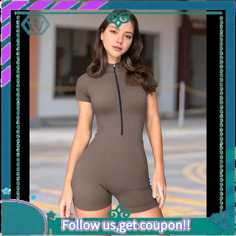 A09P ثوب فضفاض نسائي مضلع بأكمام قصيرة وسحاب أمامي قابل للتمدد للتحكم في البطن وتمارين اليوجا