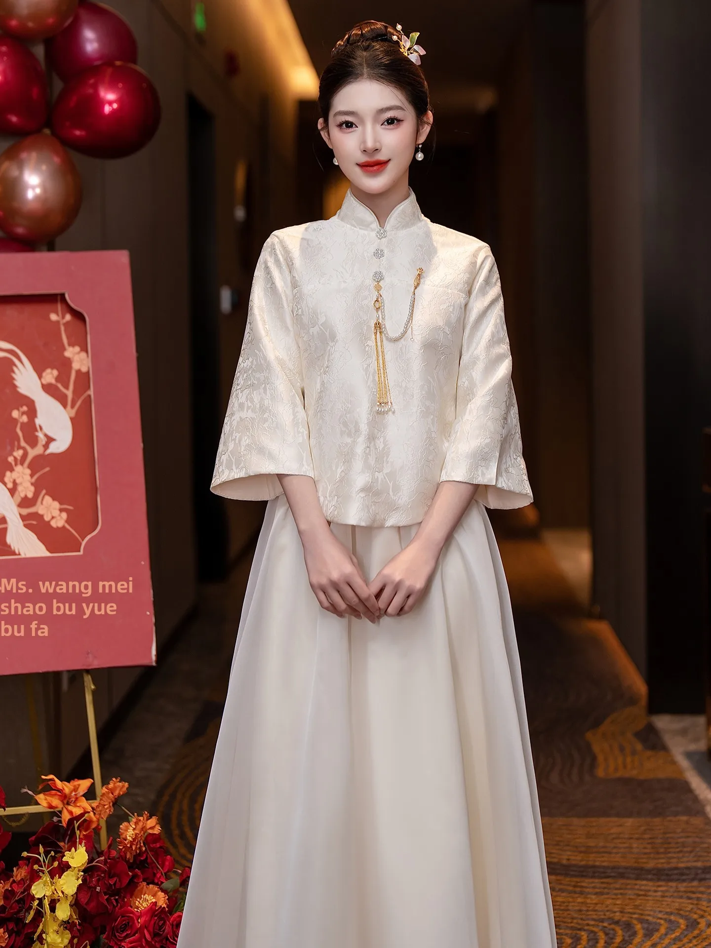 

Новое платье подружки невесты в китайском стиле цвета шампань, длинная юбка, для помолвки и свадьбы, женское, с рукавом 3/4, ретро-стиль