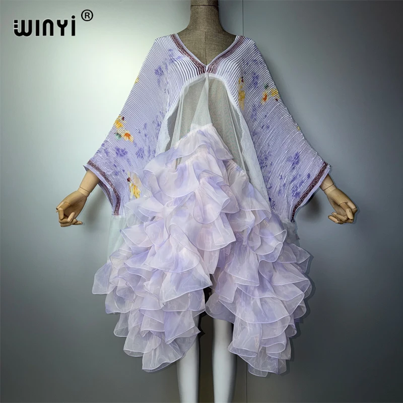 WINYI Women's Pleated Maxi Party Dress Irregular Crumple Design Loose Fit Sexy Evening Gown Poncho Top Robe