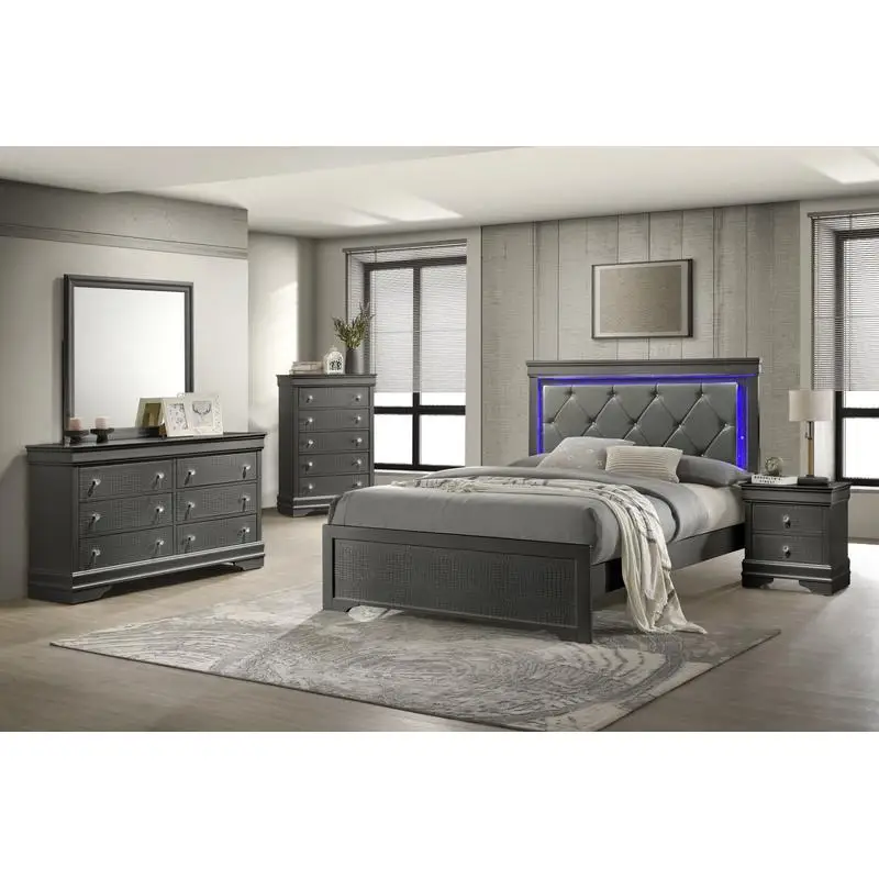 

Modern Twin Bedroom Set 5 Pc with LED Headboard in Metallic Gray Wood