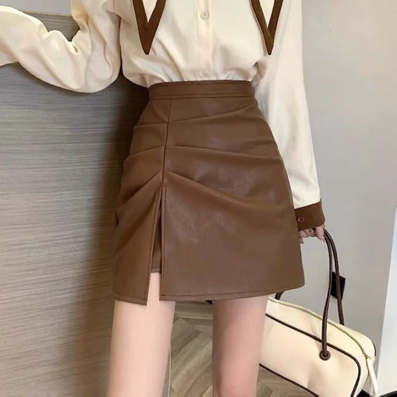 

Trend Split Hem A-line Skirt Spring Autumn New High Waist Solid Zipper Pleated Wrap Hip Half Skirt Fashion Casual Women Clothing