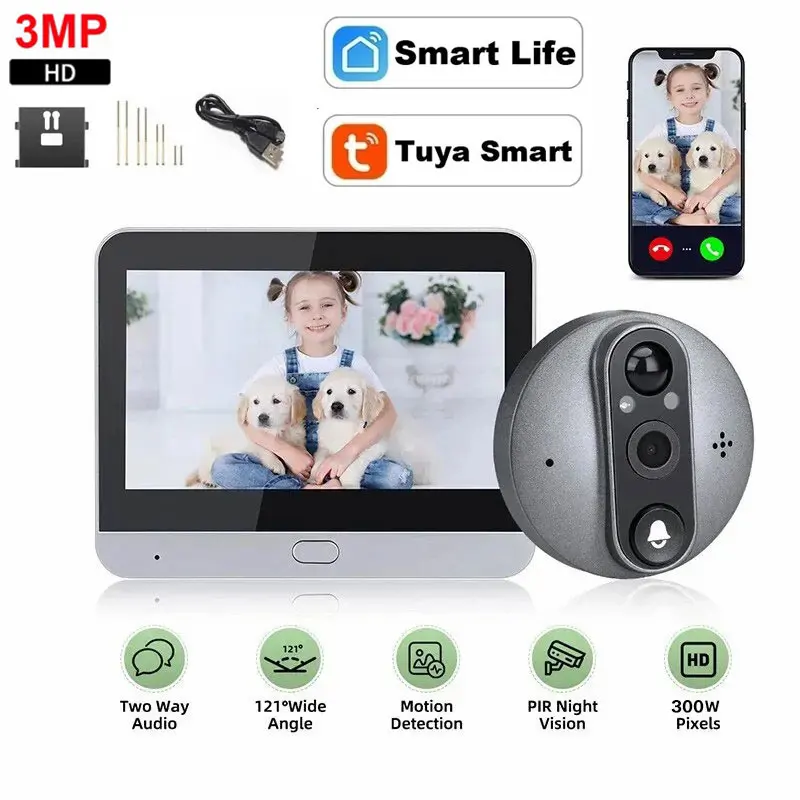 Yuezhe Tuya 3MP Peephole Smart wifi doorbell with camera 4.3inch 1080P Eye 5000mAh PIR Motion Alarm Alexa Bell for Home