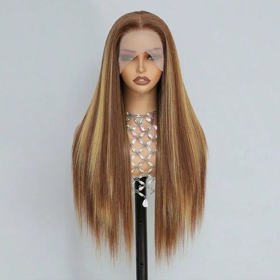 

Ombre Lace Front Wig Human Hair 28inch 13x4 Straight Highlight Wig Human Hair 200% Density 4/27 Colored Honey Blonde HD Lace Frontal Wigs For Women Pre Plucked with Baby Hair