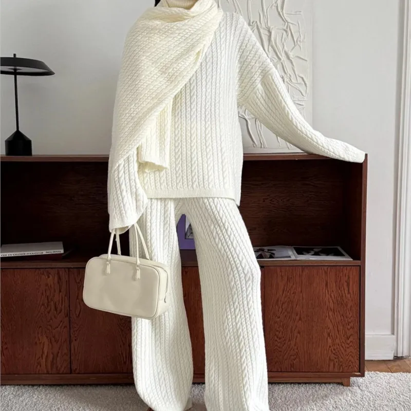 Cable Knit Sweater Pants Set Women Turtleneck Pullover Wide Leg Loose Ribbed Warm Casual Two Piece Outfit Conjunto Ensemble
