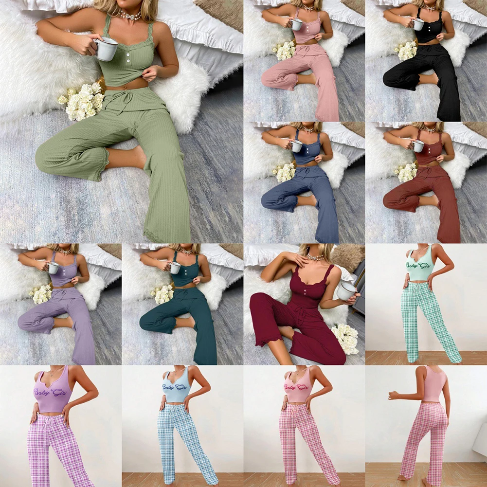 Women's Casual Sleepwear Set Home Wear Pajamas, Lace Halter Pants,  And Hot Girl Two-piece Lingerie Set