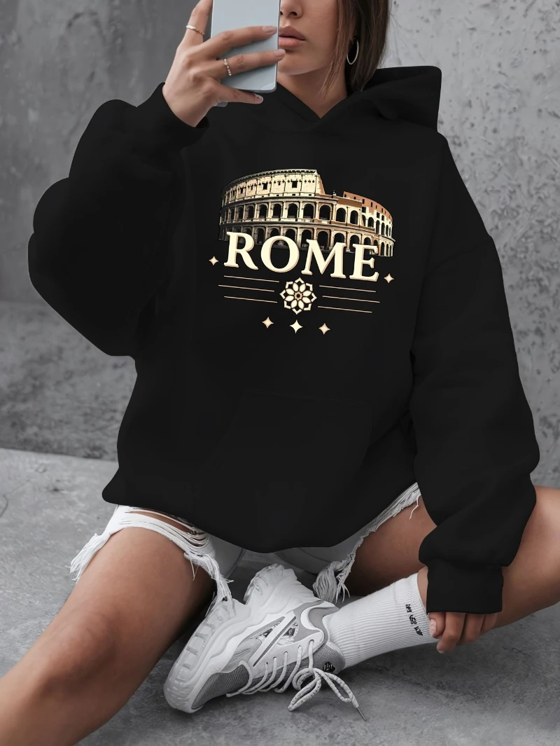 

2025 Autumn and Winter Women's Rome Graphic Hoodie Casual Long Sleeve High-end Luxury Is for Both Men and Women Top Y2k