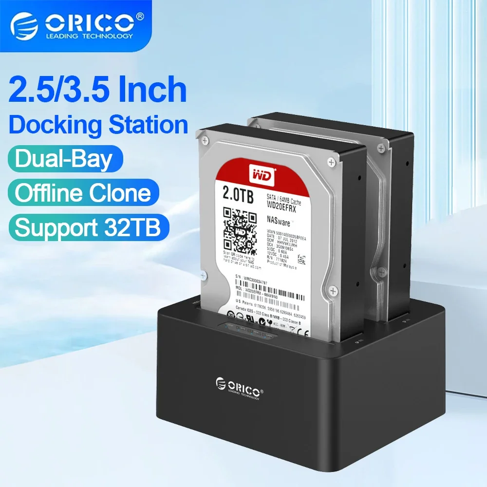 ORICO External Hard Drive Docking Station 2 Bay SATA To USB3.0 HDD Enclosure for 2.5/3.5 Inch HDD with Duplicator/Clone Function