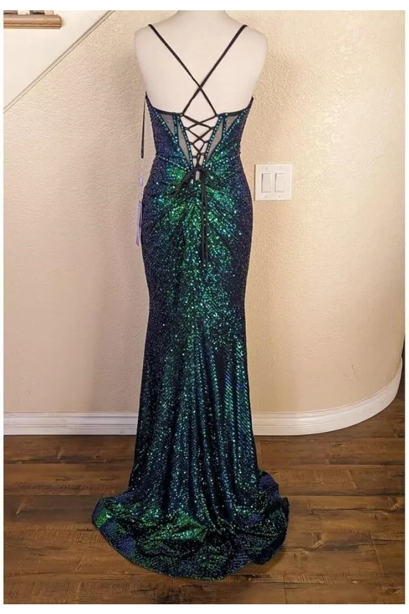 스파게티 스트랩 댄스 파티 드레스와 슬릿 긴 인어 반짝이는 스팽글 이브닝 파티 드레스