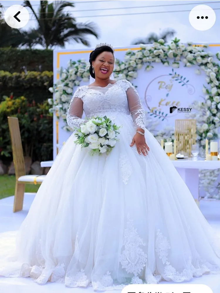 Vestido De novia con apliques De encaje y cuello redondo, vestido De novia africano De manga completa, corte De tren, alta calidad