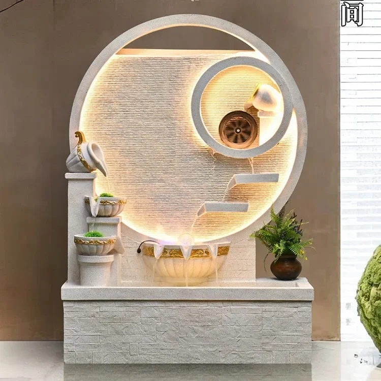 New Chinese simple water curtain wall flowing water ornament living room tea room rockery decoration office feng shui wheel