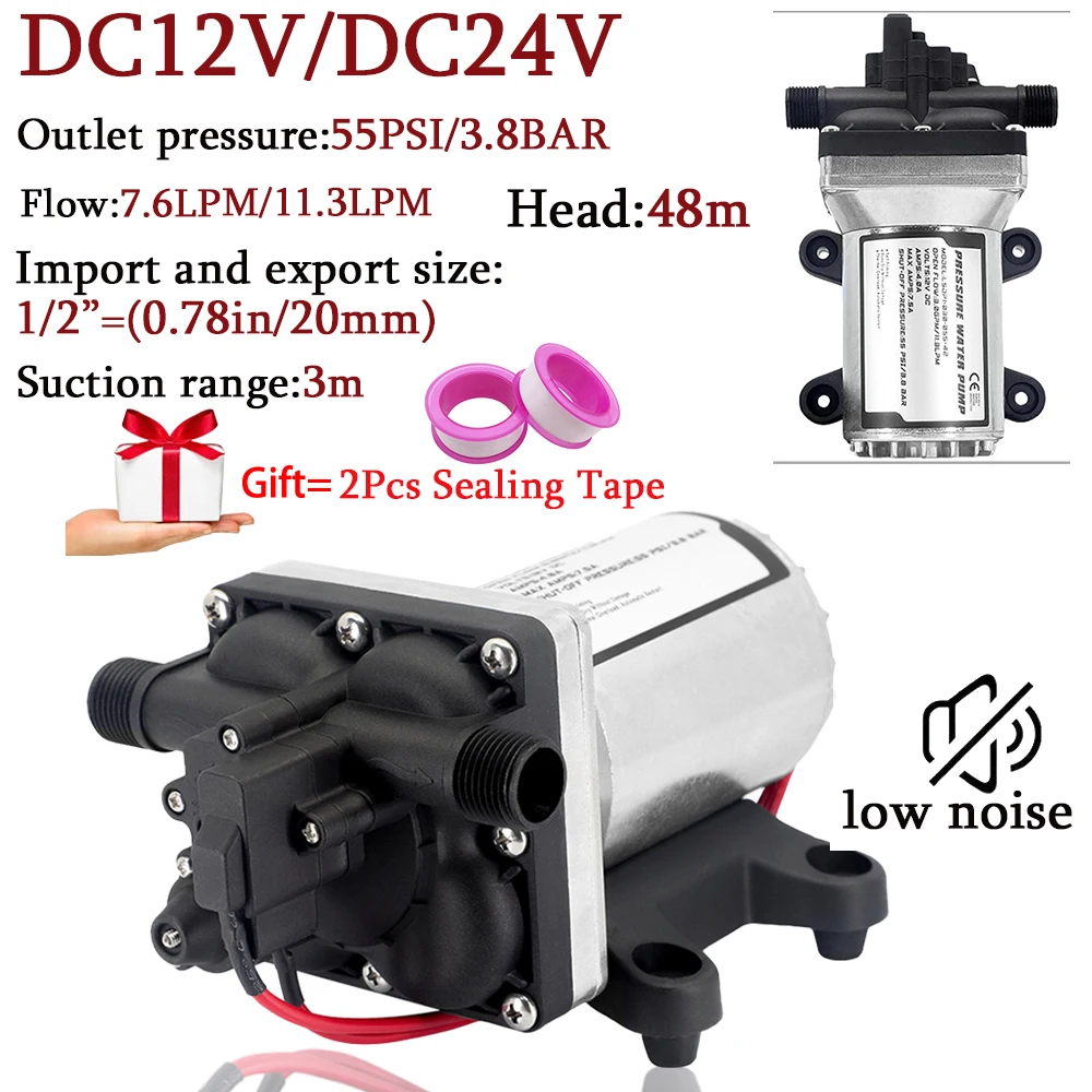 

High voltage supply DC12V/DC24V durable self-priming diaphragm pump 2.98GPM 55PSI head 48 meters built-in bypass return switch