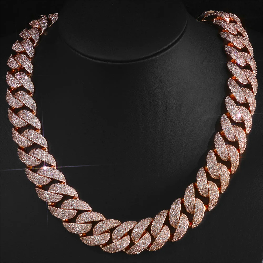ESKEEM Luxury Curved Flip Buckle Rose Gold Plated Cuban Chain 22MM Iced Out Zircon Diamond Necklace Men Women Hip Hop Jewelry
