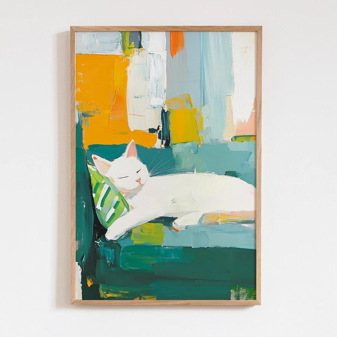 Abstraktes Katzenbild, weiße Katze, die auf der Couch schläft, grüne und gelbe minimalistische Kunst, von Matisse inspirierte Illustration, moderne farbenfrohe Kunst