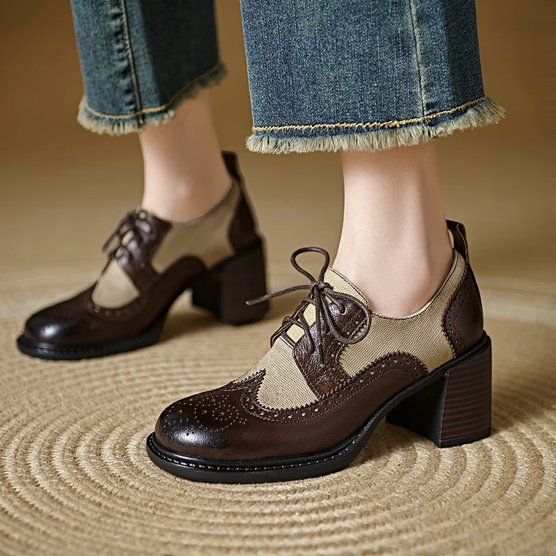 2025 New Women Thick Heels Brogues Oxford Shoes Woman Round Toe Ladies Platform Oxfords Shoes New Ladies Office Pumps Brogues