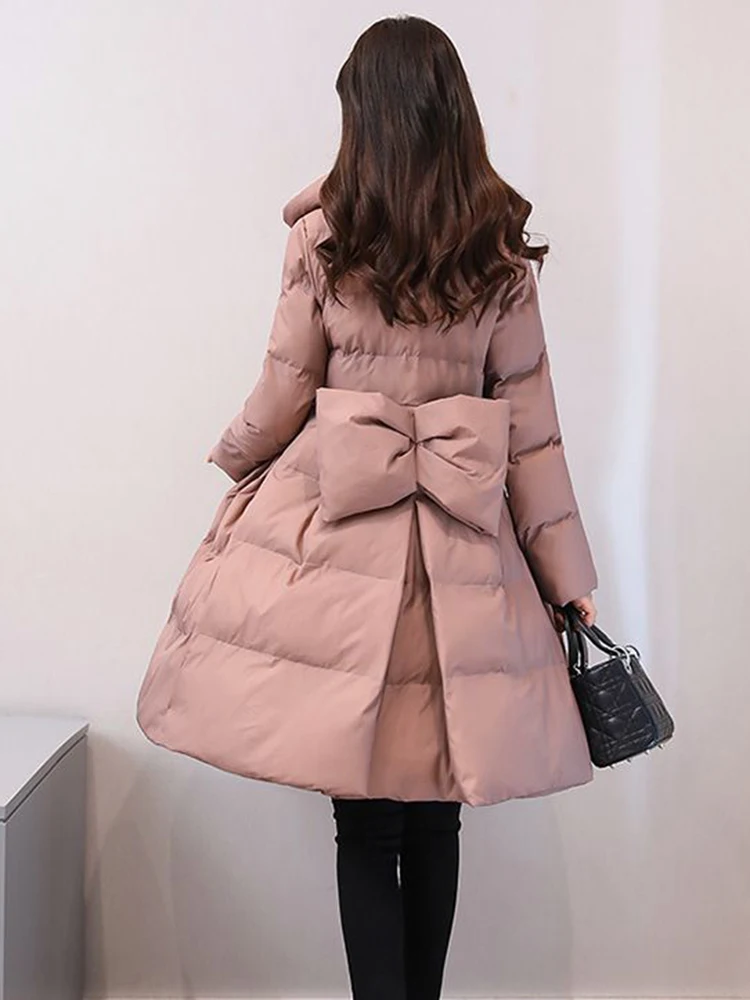 Warm Winter Thick Bow Cloak Long Parka Chaqueta Turndown Collar Parca Overcoat Jacket Elegant Snow Wear Coats Chamarras