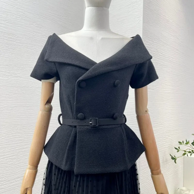 Women Pleat Lace Black Midi Dress Short Sleeve Belt One Shoulder Collar Elegant Ladies Dresses 2024 Summer New Top Quality