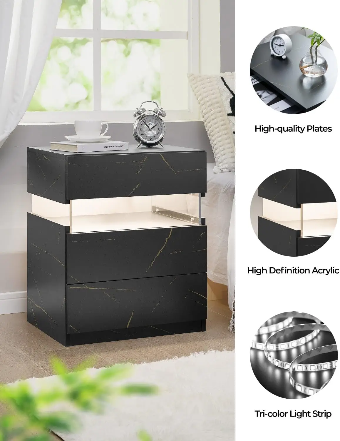 مجموعة منضدة LED مكونة من 2 قطعة مع 3 أدراج وطاولات بجانب السرير من الأكريليك الحديث لغرفة النوم