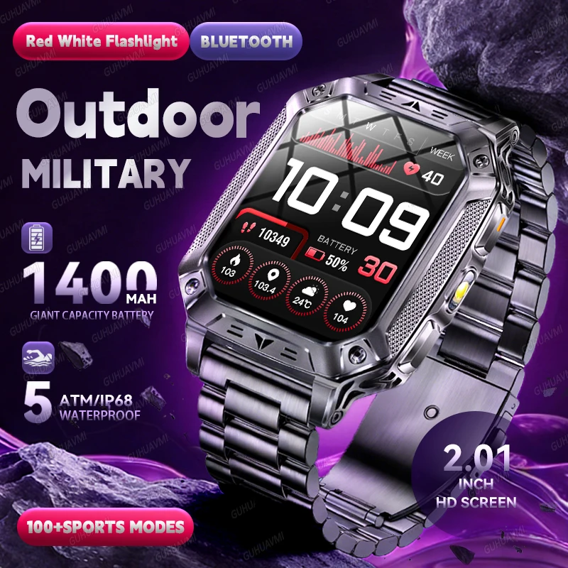 

GUHUAVMI 2026New Military Outdoor 1400mAh Battery SmartWatch 5ATM Swim Flashlight Bluetooth Call GPS Sports tracker Smartwatches