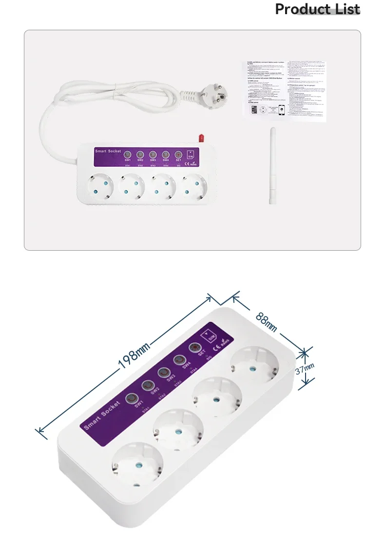 4G Purple SC4 GSM SMS Wireless 4 Outlets Smart Switch Power Plug socket module controller y temperature sensor optional 10A